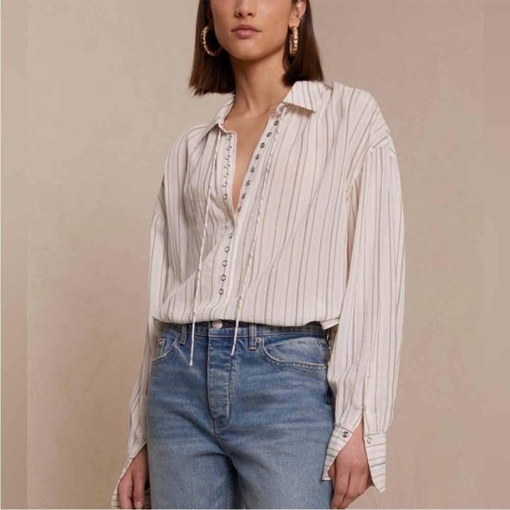 ALC Womens Blouse Carissa Striped Snap Front Shirt Collared Top Ivory Sz 8 NEW